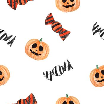 watercolor halloween seamless pattern with pumpkin and sweets on white background. For fabric, textile, wrapping, scrapbooking