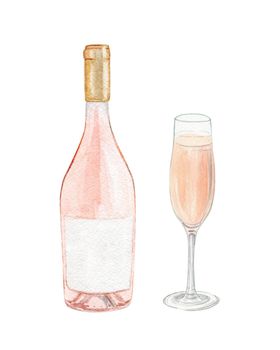 watercolor rose wine bottle and glass set isolated on white background for bar menu design, restaurant decoration, poster, alcohol beverage print