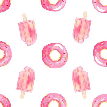 watercolor pink donuts and ice cream seamless pattern on white background for fabric,wrapping,branding, textile print