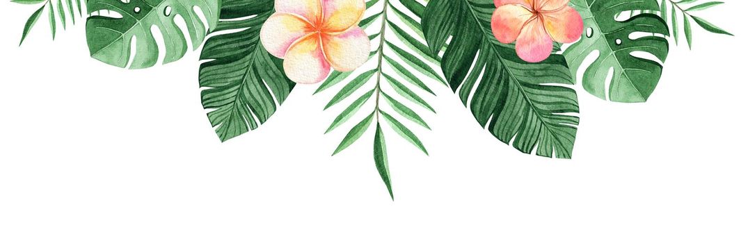Watercolor tropical flowers border isolated on white background. Hand drawn jungle leaves banner