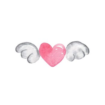 watercolor pink heart with wings isolated on white background. Valentines day love sign