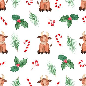 watercolor christmas pattern with bull and holly branches on white background. For fabric, textile, wrapping, scrapbook, backgrounds, wallpaper