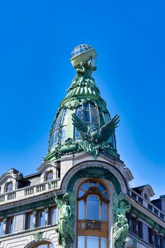 View of architectural details of the famous Singer House Building in St. Petersburg. House of Books city landmark