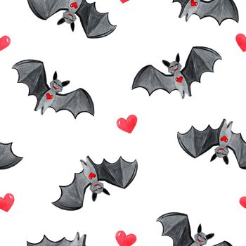 watercolor bats and red hearts seamless pattern on white background. Halloween design for fabric, textile, scrapbooking, wrapping, wallpaper, clothes