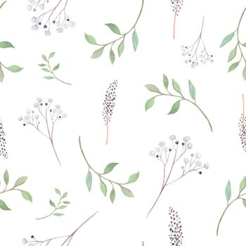 watercolor green branches and dried flowers seamless pattern on white background. Perfect for fabric textile, cards, wedding invitations, scrapbooking and wrapping paper