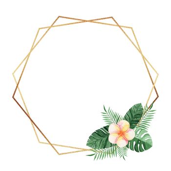 watercolor gold polygonal frame with tropical flowers isolated on white background. For wedding invitations, logo design, card templates