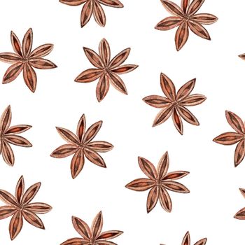 watercolor seamless pattern brown star anise on white background