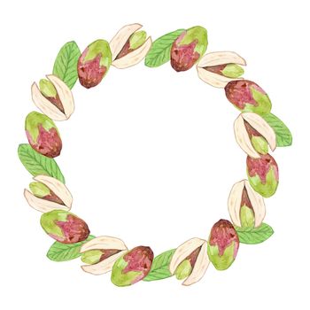 pistachio nut round frame isolated on white. watercolor nature wreath illustration