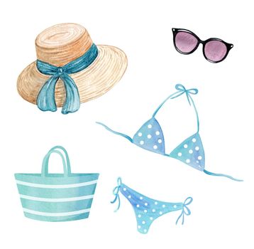 Watercolor beach woman clothes and blue accessories set isolated on white background. Hand drawn bag, sunglasses, swimsuit, hat illustrations