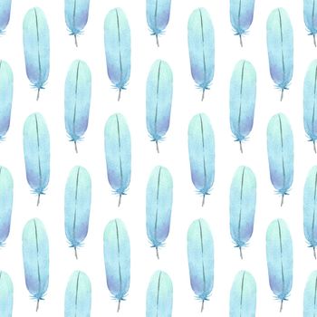 watercolor seamless pattern with boho blue feathers on white background for fabrc, wrapping, wallpaper