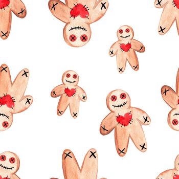 watercolor scary gingerbread man seamless pattern on white background for fabric, scrapbooking, halloween decor, wrapping, textile