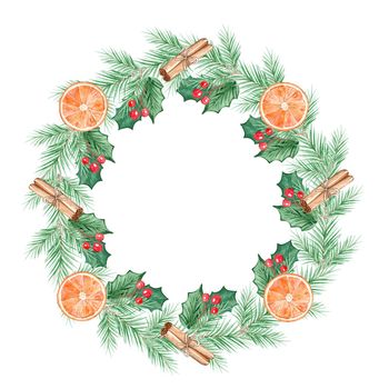 watercolor christmas holly wreath with orange cinnamon fir tree isolated on white background