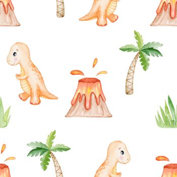 watercolor orange dinosaur seamless pattern on white background. Cute tyrannosaurus rex print for baby fabric, textile, wrapping, scrapbook , wallpaper