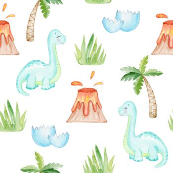 watercolor blue baby dinosaur and volcano seamless pattern on white background. For baby fabric, textile, wrapping, scrapbook , wallpaper.
