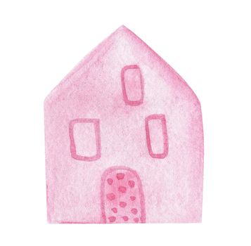 watercolor hand drawn pink house isolated on white background with door and windows. Naive style illustration