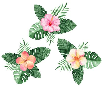 watercolor tropical leaves and flowers compositions set isolated on white background for invitation and cards decorations