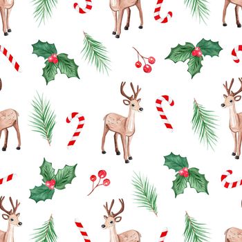 Watercolor deer and winter holly branches seamless pattern on white background. Ilex leaves and candy canes. Christmas print for wallpaper, fabric, textile, scrapbook