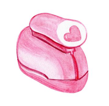 watercolor hole puncher illustration isolated on white background. Pink heart stamp tool for scrapbook