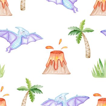 watercolor blue pterodactyl seamless pattern on white background. Cute dinosaur print for baby fabric, textile, wrapping, scrapbook , wallpaper