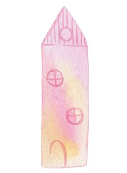 watercolor hand drawn pink tall house with windows isolated on white background