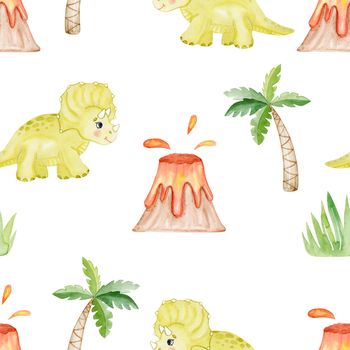 watercolor green baby dinosaur and volcano and palms seamless pattern on white background. For baby fabric, textile, wrapping, scrapbook , wallpaper