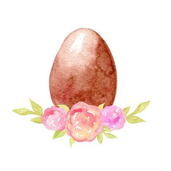 Watercolor hand drawn brown easter egg decorated with pink flowers and leaves isolated on white background. Chocolate dessert for kids