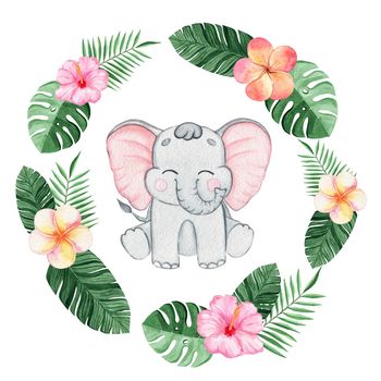 watercolor cute elephant with tropical flowers decorations isolated on white background