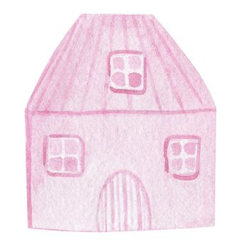 watercolor hand drawn pink house with windows and door and two floors isolated on white background