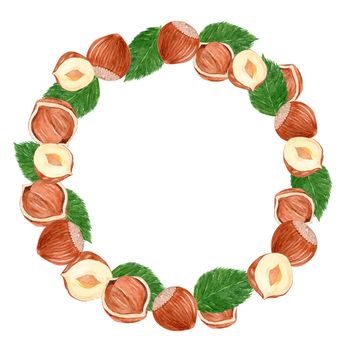 Hazelnut wreath watercolor illustration isolated on white background. Hand drawn nut round frame