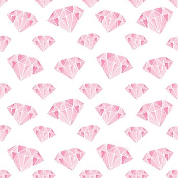 Hand drawn pink diamonds watercolor seamless pattern on white background for wrapping paper, cards, fabric textile, scrapbooking