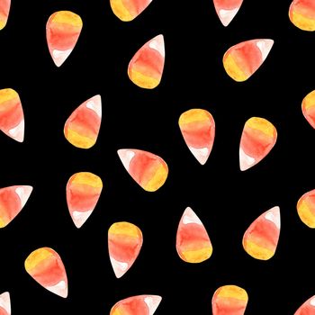 watercolor candy corn halloween seamless pattern on black background for fabric, wrapping, textile, scrapbooking