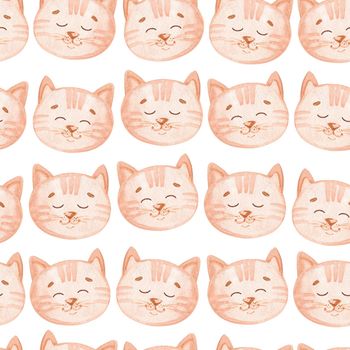 watercolor orange cat faces seamless pattern on white background. For fabric, textile, wrapping, scrapbooking