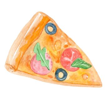 watercolor hand drawn slice of pizza with cheese olives and tomato isolated on white background. Italian food with pepperoni