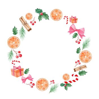 watercolor christmas round wreath on white background made of holiday elements