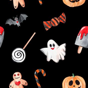 watercolor halloween seamless pattern with ghost and bats and candies on black background. Creepy design For Fabric, textile, wrapping, scrapbooking