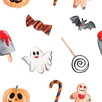 watercolor halloween seamless pattern with ghost and bats and candies on white background. Creepy design For Fabric, textile, wrapping, scrapbooking