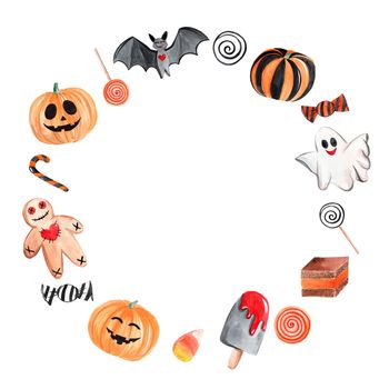 watercolor halloween round wreath isolated on white background. For cards, banners, party design and invitations. Pumpkin, happy ghost, cute bat and sweets elements