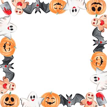 watercolor halloween square frame with pumpkin, ghost, bat isolated on white background. For cards, social media content, advertising banners