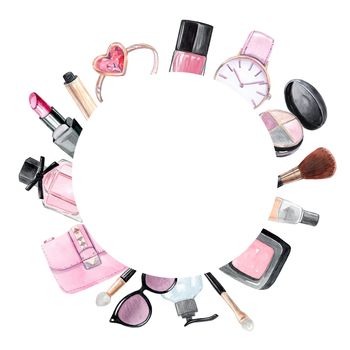 Pink makeup round frame isolated on white background. Watercolor fashion accessories border for logo design, blog