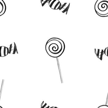 watercolor candy and lollipop seamless pattern in black and white colors on white background. For fabric,textile,wallpaper,wrapping,scrapbooking