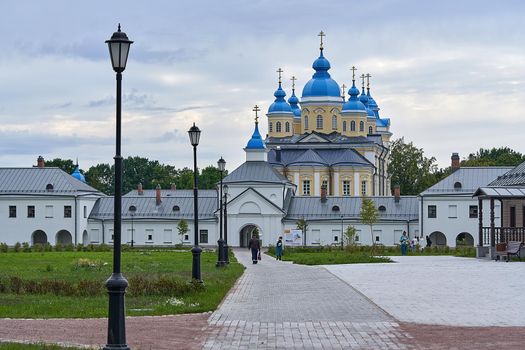 Saint Petersburg, Russia - July 12, 2021: A group of religious pilgrims visited the Konevets Monastery in Russia