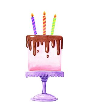 watercolor hand drawn pink birthday cake with candles on isolated on stand white background for birthday cards design