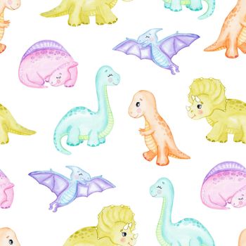 watercolor baby dinosaur seamless pattern on white background. Cute dino texture for fabric, textile, wrapping, wallpaper, scrapbook