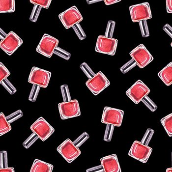 Red nail polish seamless pattern on black background. Watercolor bottles print