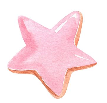 watercolor star shaped biscuit with pink glaze isolated on white background. Sweet bakery illustration