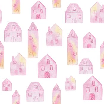 watercolor hand drawn cute pink houses seamless pattern on white background .For invitations, cards, fabric, textile,wrapping paper