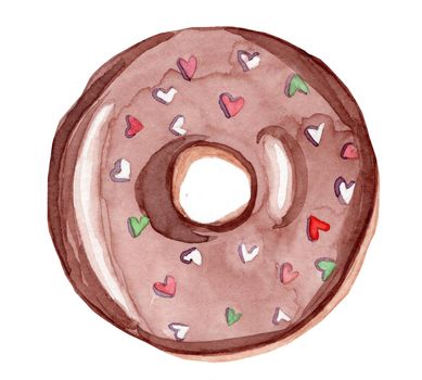 Watercolor hand drawn round chocolate sprinkle glazed donut isolated on white background