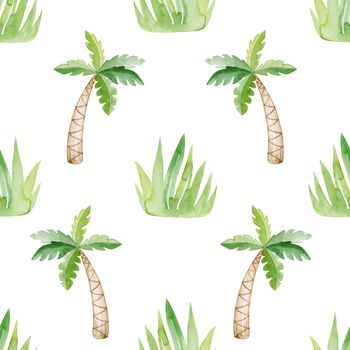 watercolor green grass and palm trees seamless pattern on white background. For baby fabric, textile, wrapping, scrapbook , wallpaper