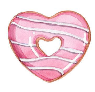 Watercolor hand drawn heart shaped pink glazed donut isolated on white background