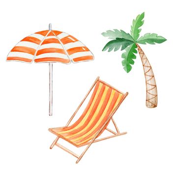 Watercolor deckchair, parasol and palm set isolated on white background. Summer beach Tourism hand drawn illustrations